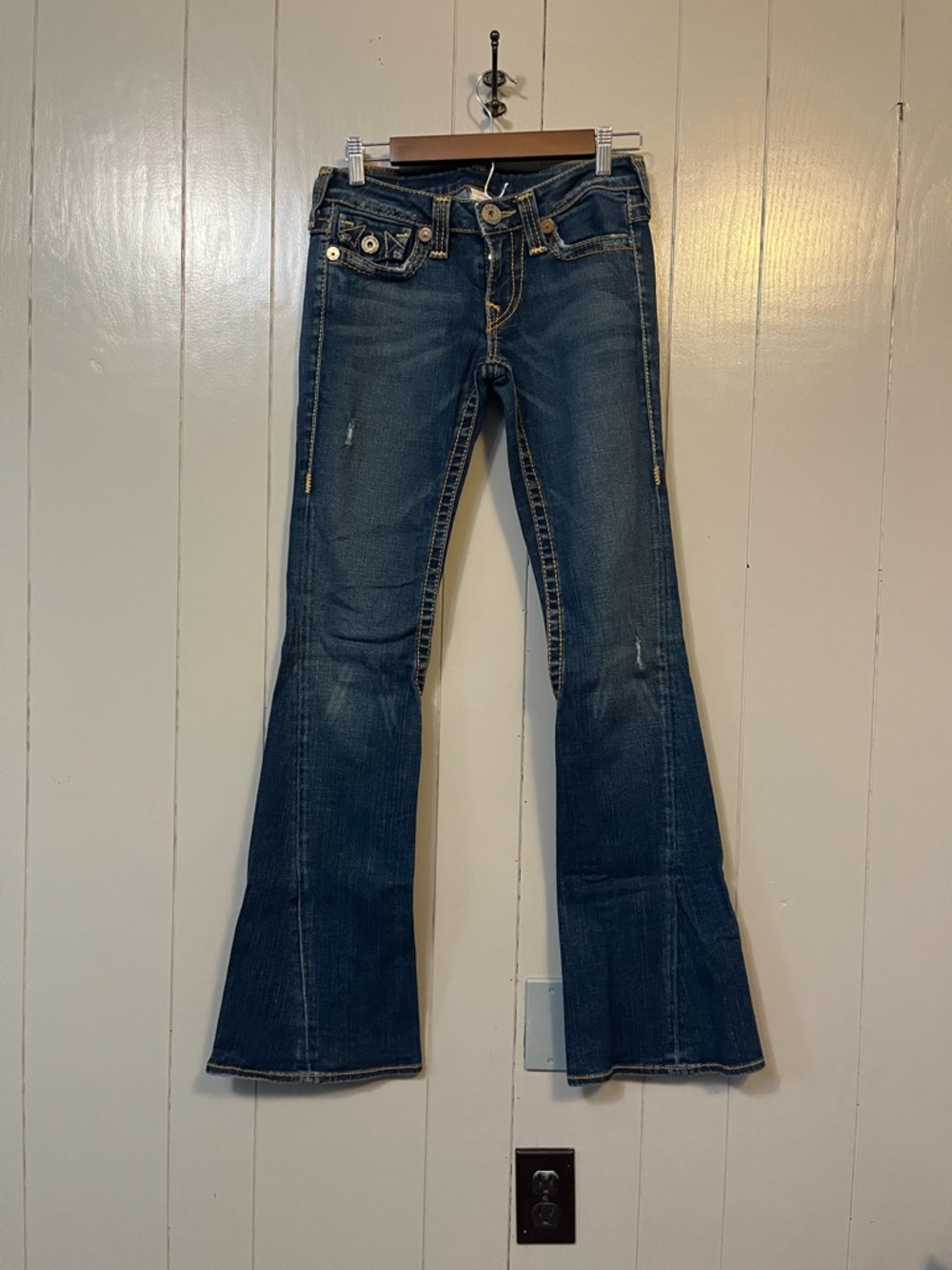 True Religion Vintage Women Flare Blue Distressed Denim Jeans Thick Stitch USA